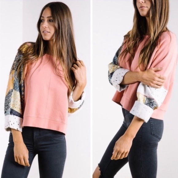 Free People Suns Out Off Shoulder Pullover Patchwork Block Print Sweatshirt XS - Picture 16 of 16